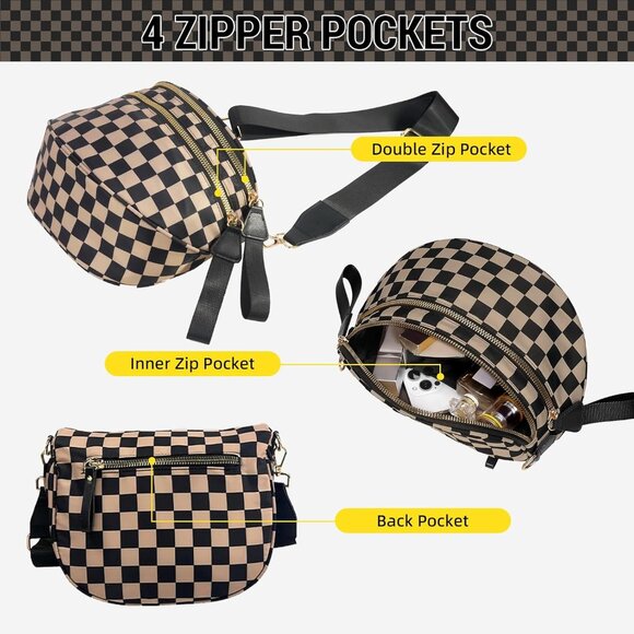 Checkered Nylon Crossbody Bag for Women Large Fanny Pack with Multiple Compartme - Picture 4 of 6